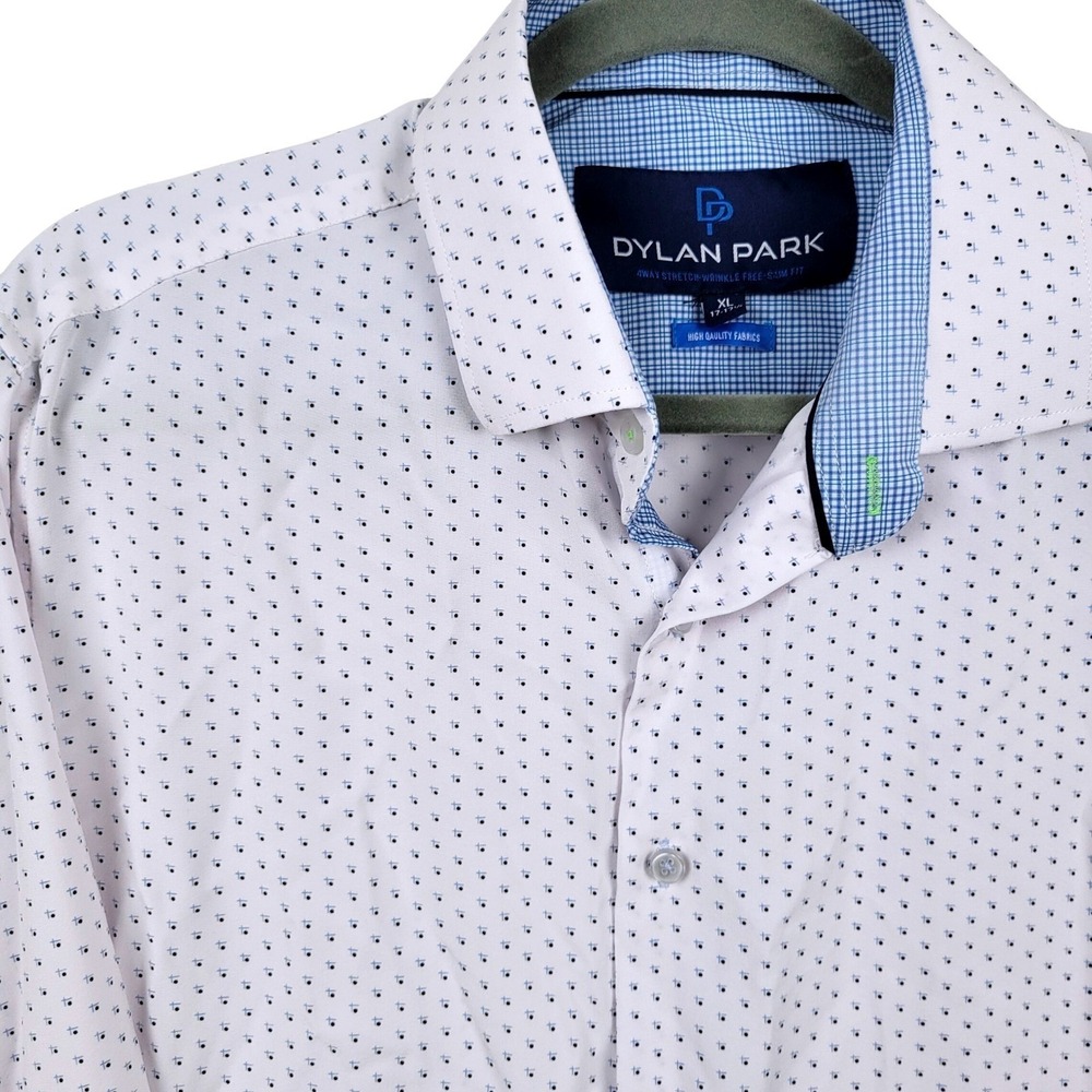 Dylan Park Mens XL L/S White Blue Geometric Button Up Stretch Wrinkle Free Shirt